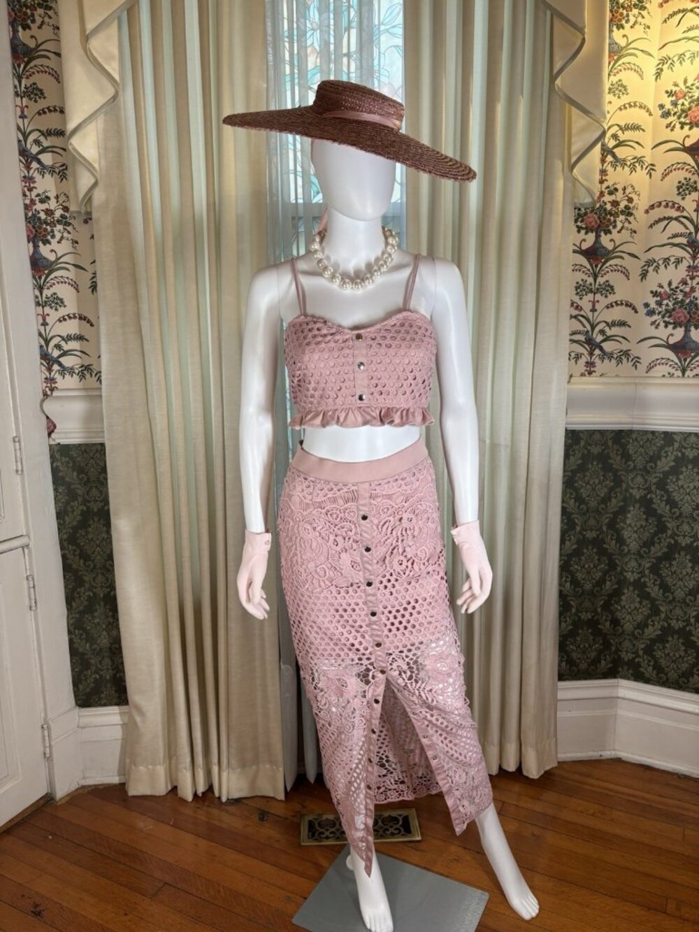 Glamaker Dusty Pink Crochet Lace Crop Top Pencil Maxi Skirt Set S